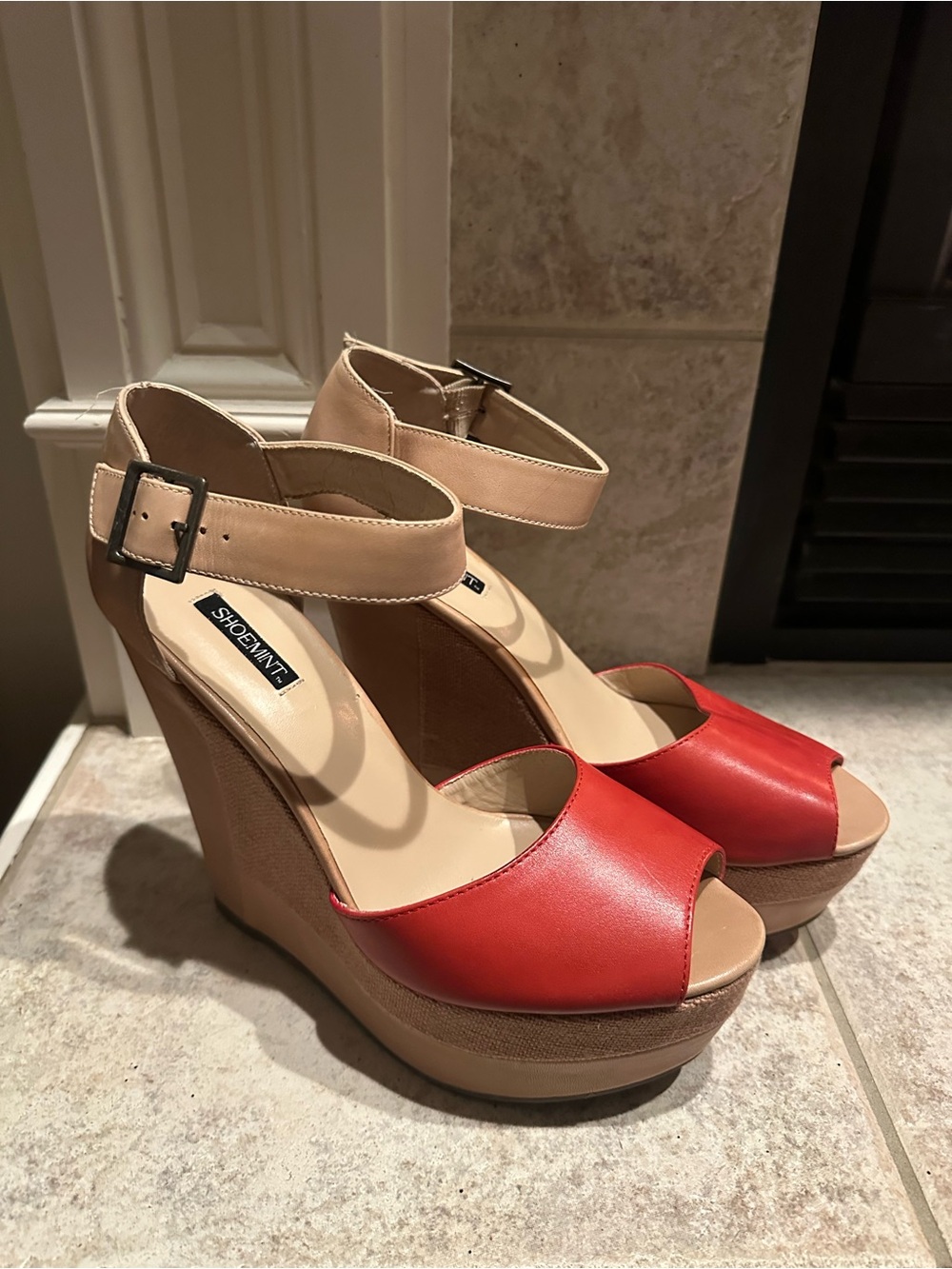 Red and Nude Wedge High Heel Platform Sandals with Ankle Strap Shoemint